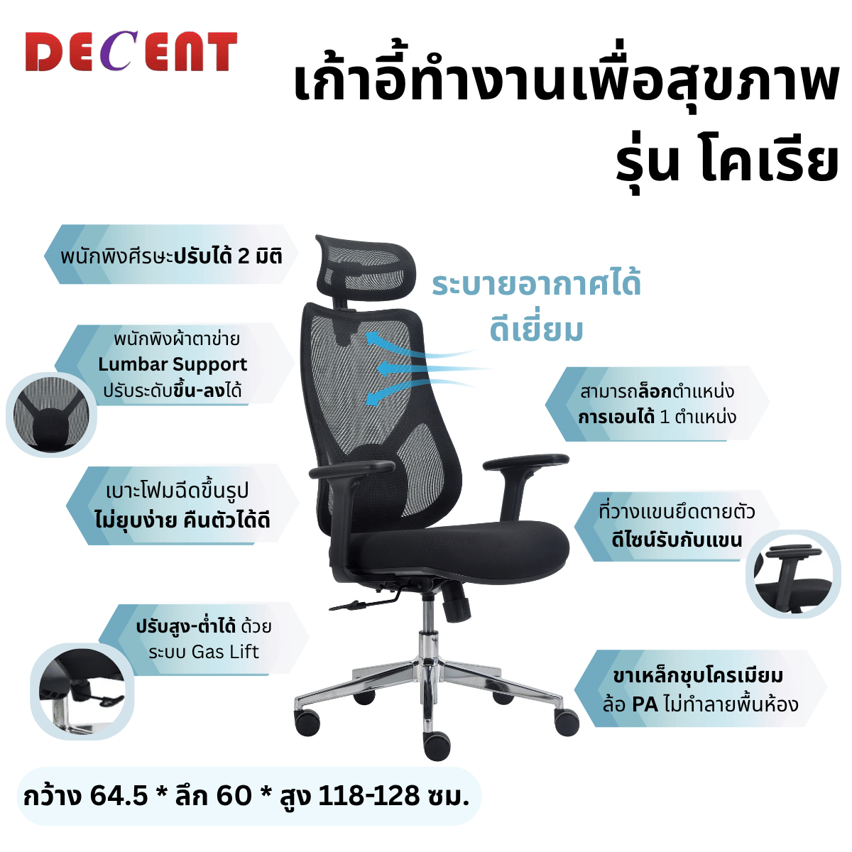 เก้าอี้ทำงานเพื่อสุขภาพ DECENT รุ่น โคเรีย สีดำ_3